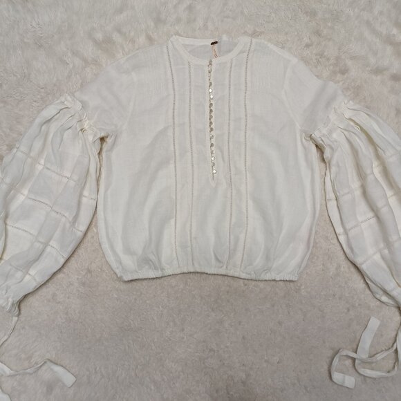 Free People Women's 100% Linen White Long Lantern Sleeve Blouses Top Size XS - Picture 2 of 9